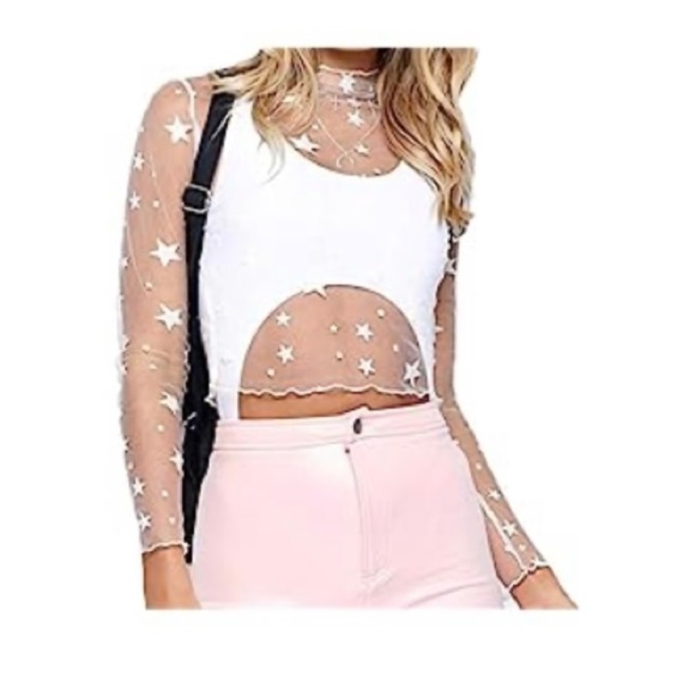 Sheer mesh long sleeve white star top